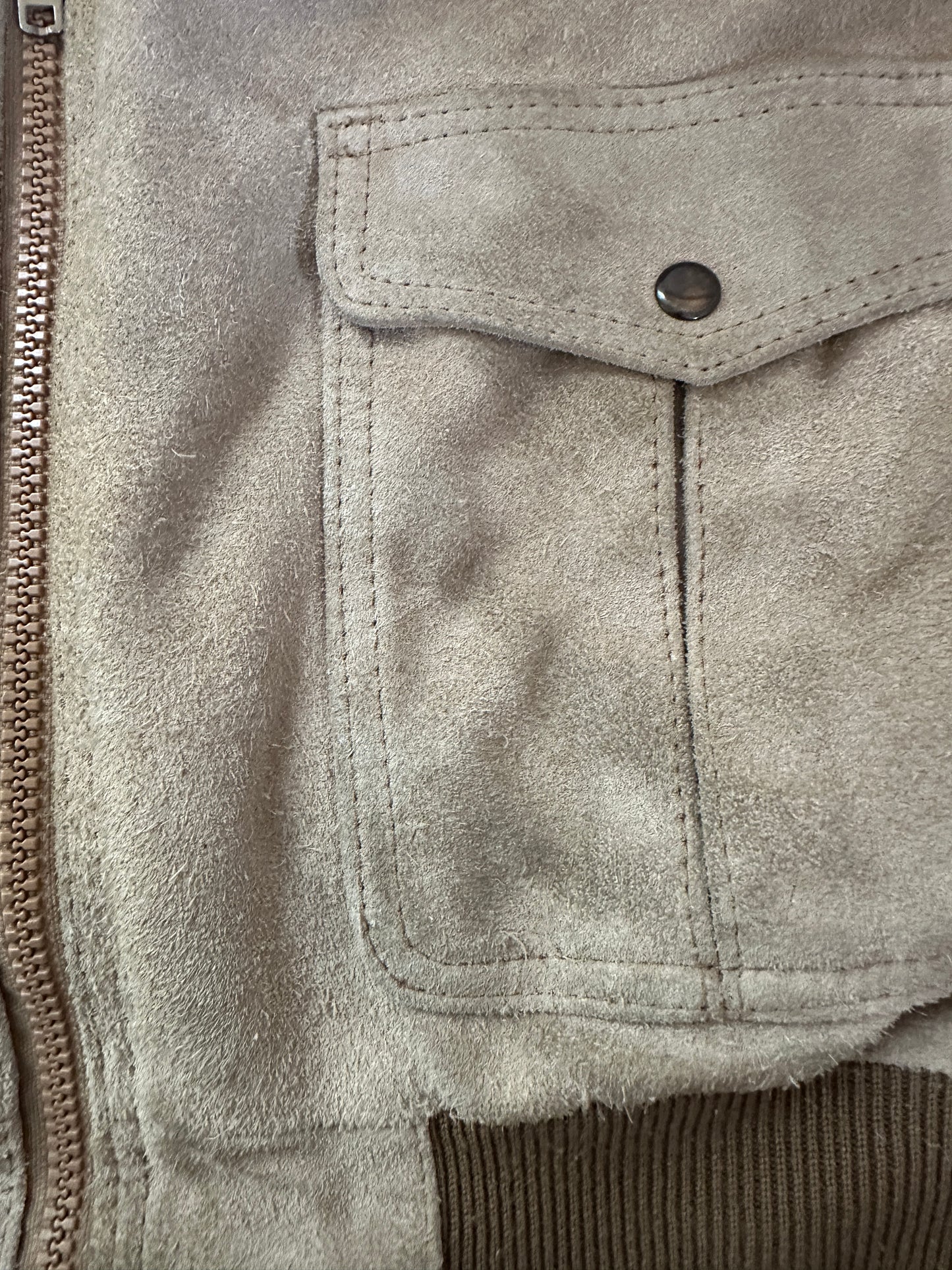 Suede Taupe Leather Zip Up with Knit Collar and Leather Trim