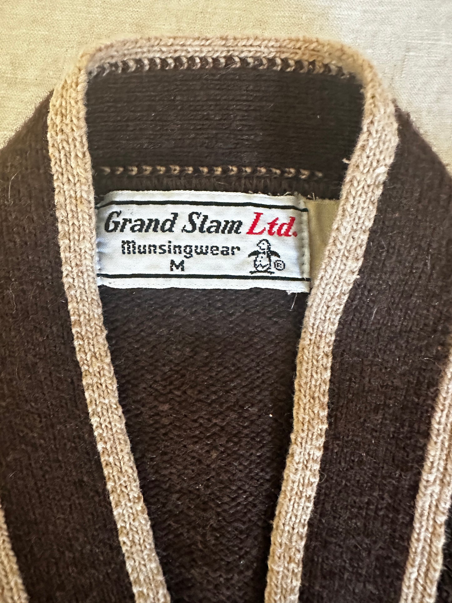 Grand Slam Limited by Munsingwear Wool Blend Brown with White Trim Cardigan