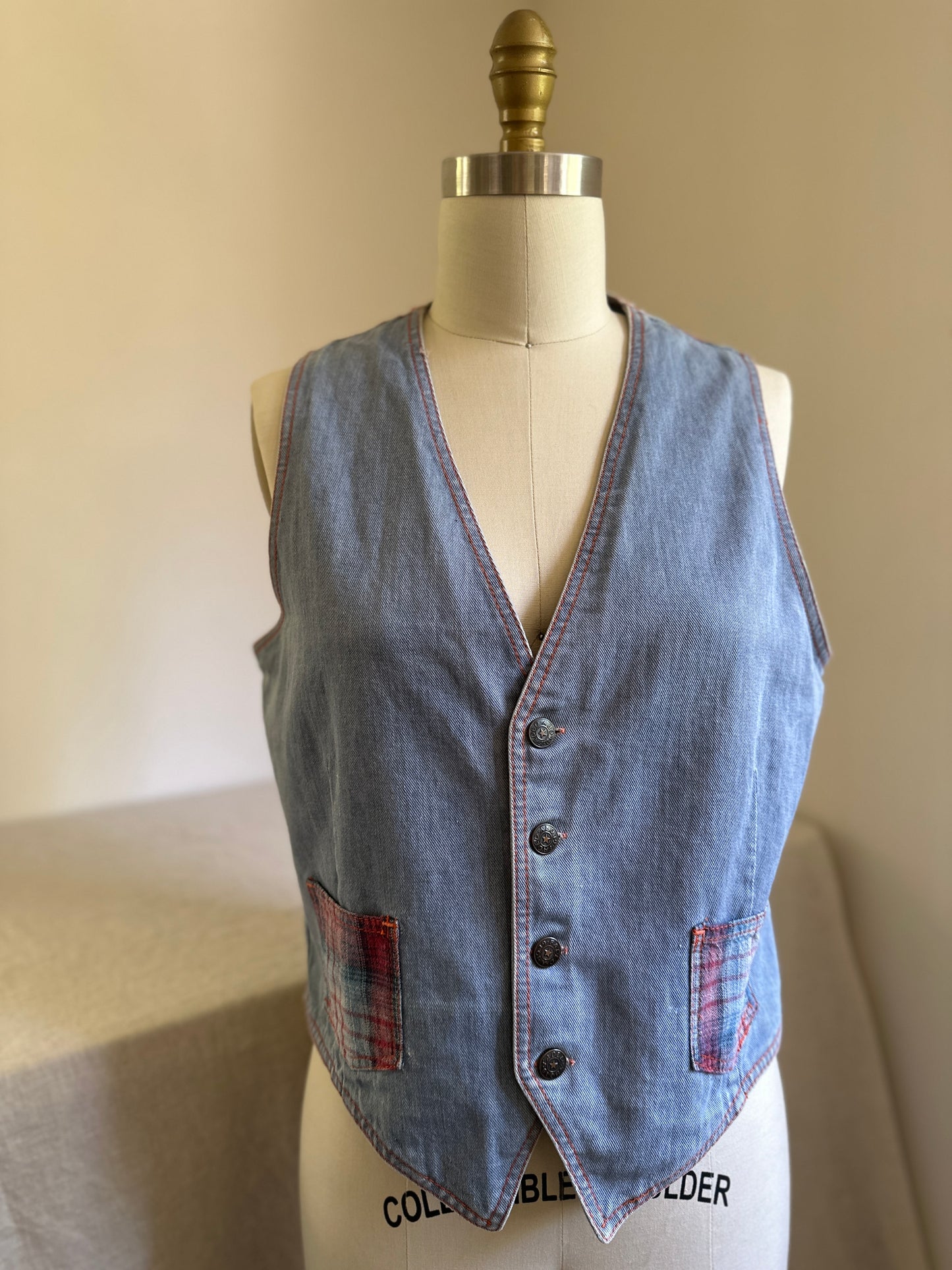 Faded Glory Denim Vest With Plaid Pockets