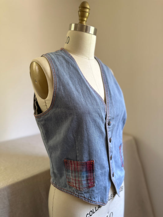 Faded Glory Denim Vest With Plaid Pockets