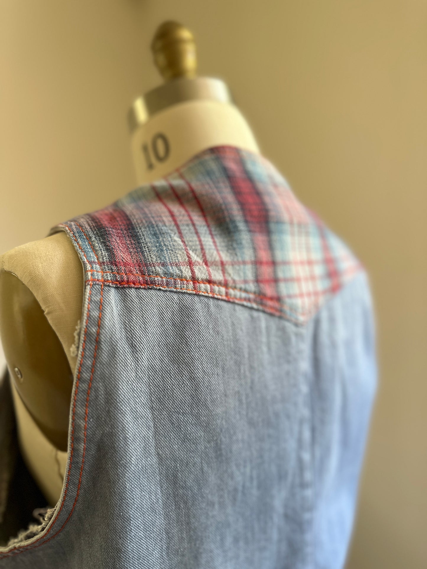 Faded Glory Denim Vest With Plaid Pockets
