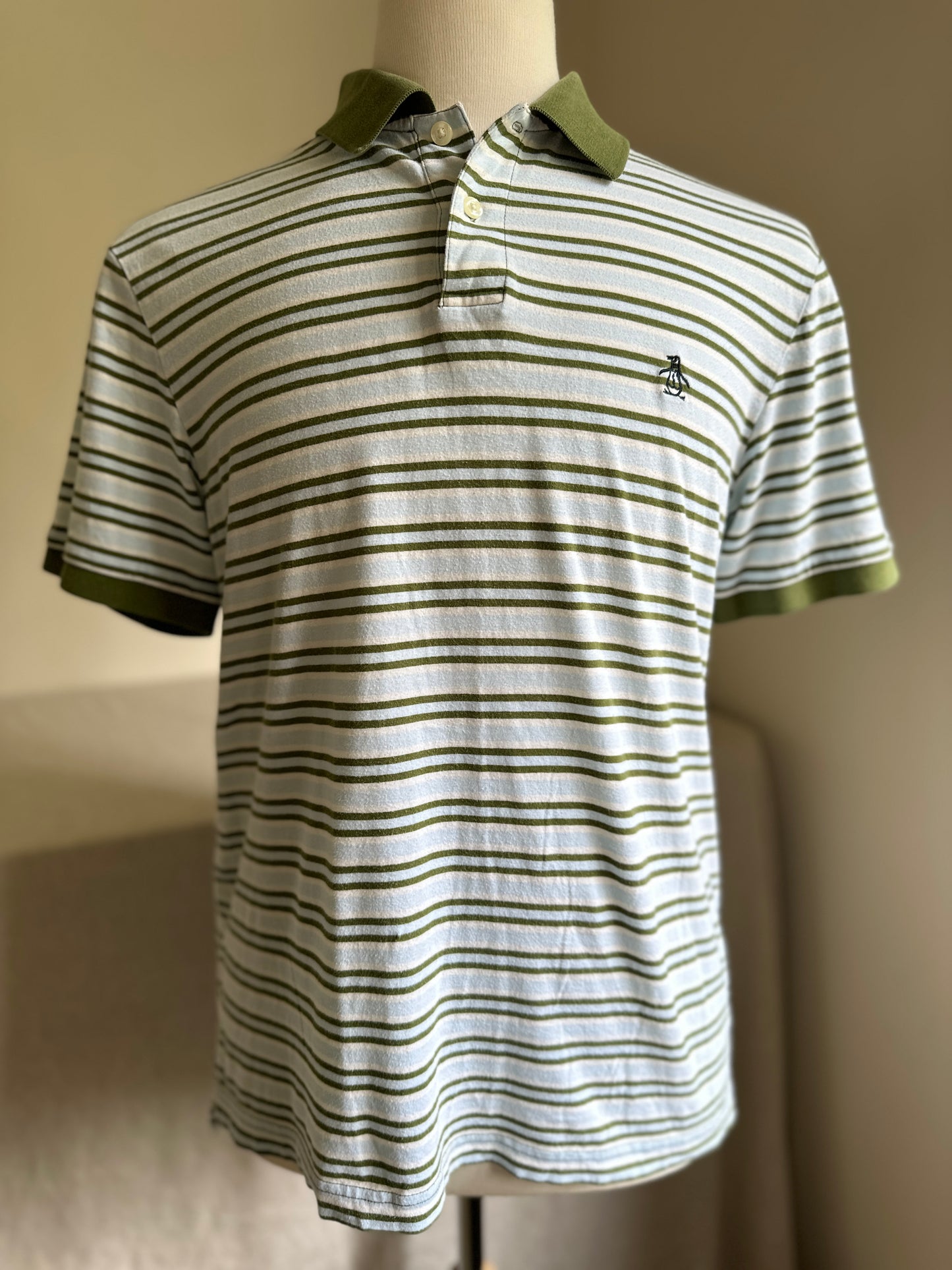 Penguin Olive Green & Baby Blue Striped Polo