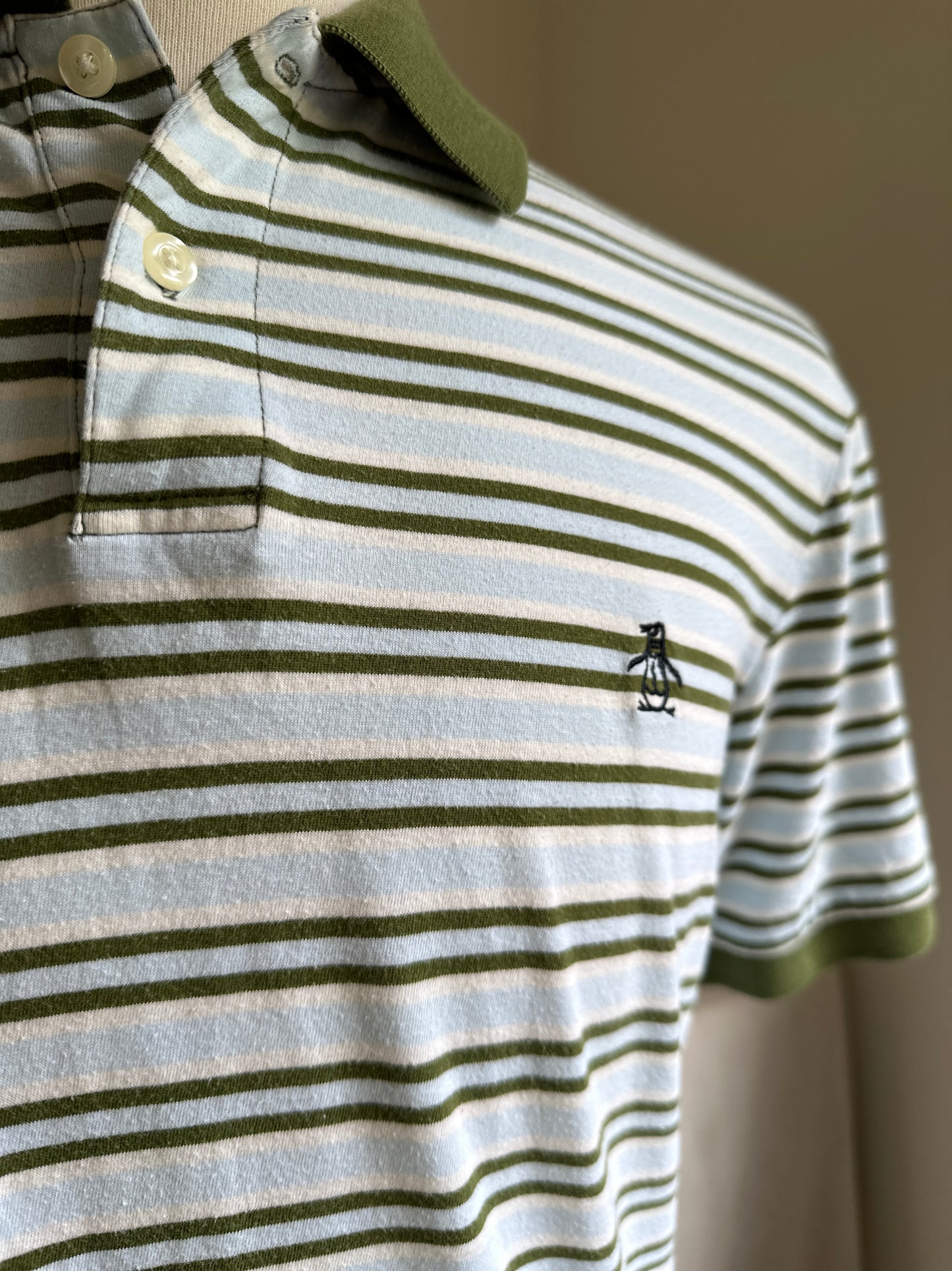 Penguin Olive Green & Baby Blue Striped Polo