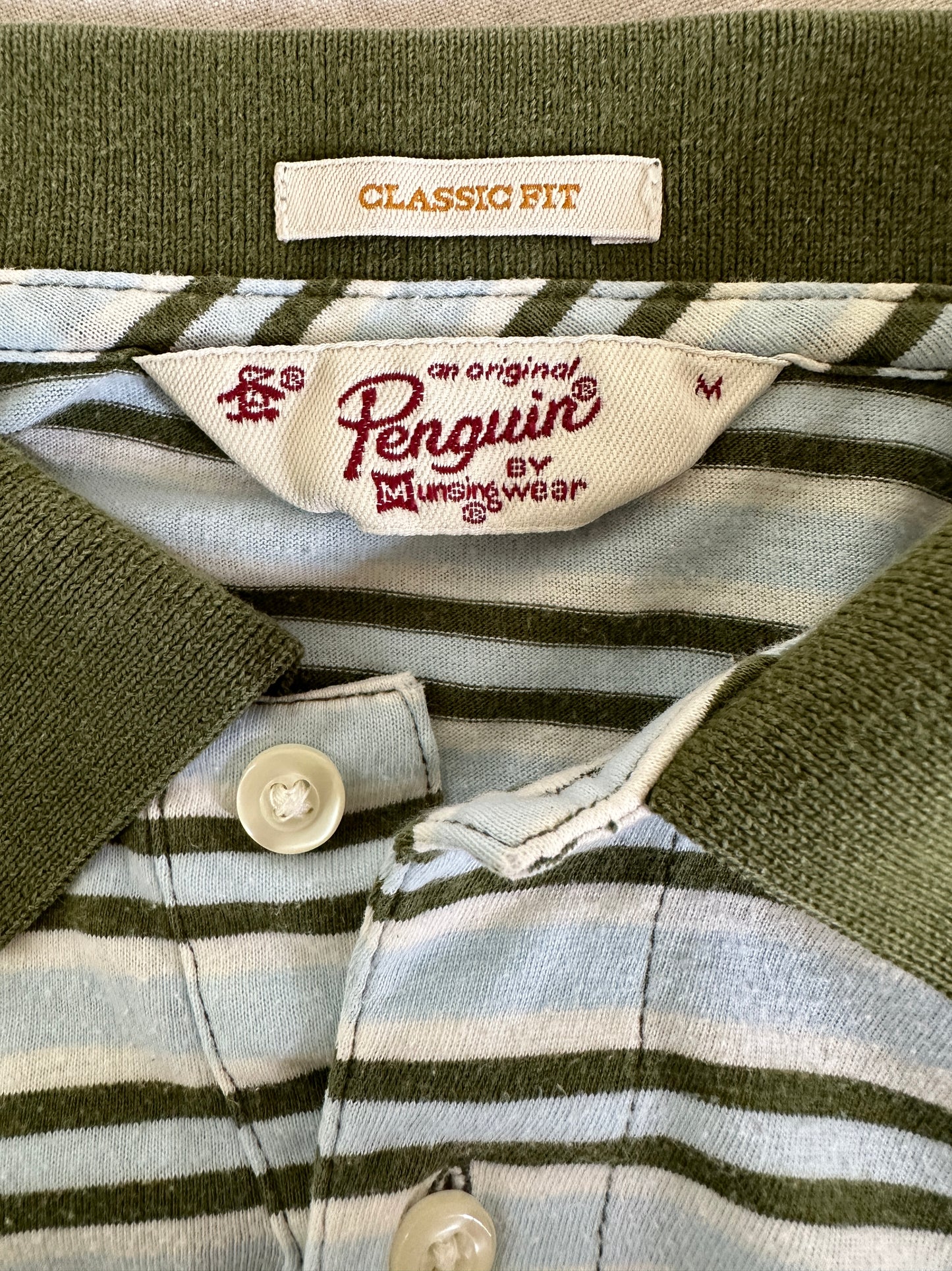 Penguin Olive Green & Baby Blue Striped Polo