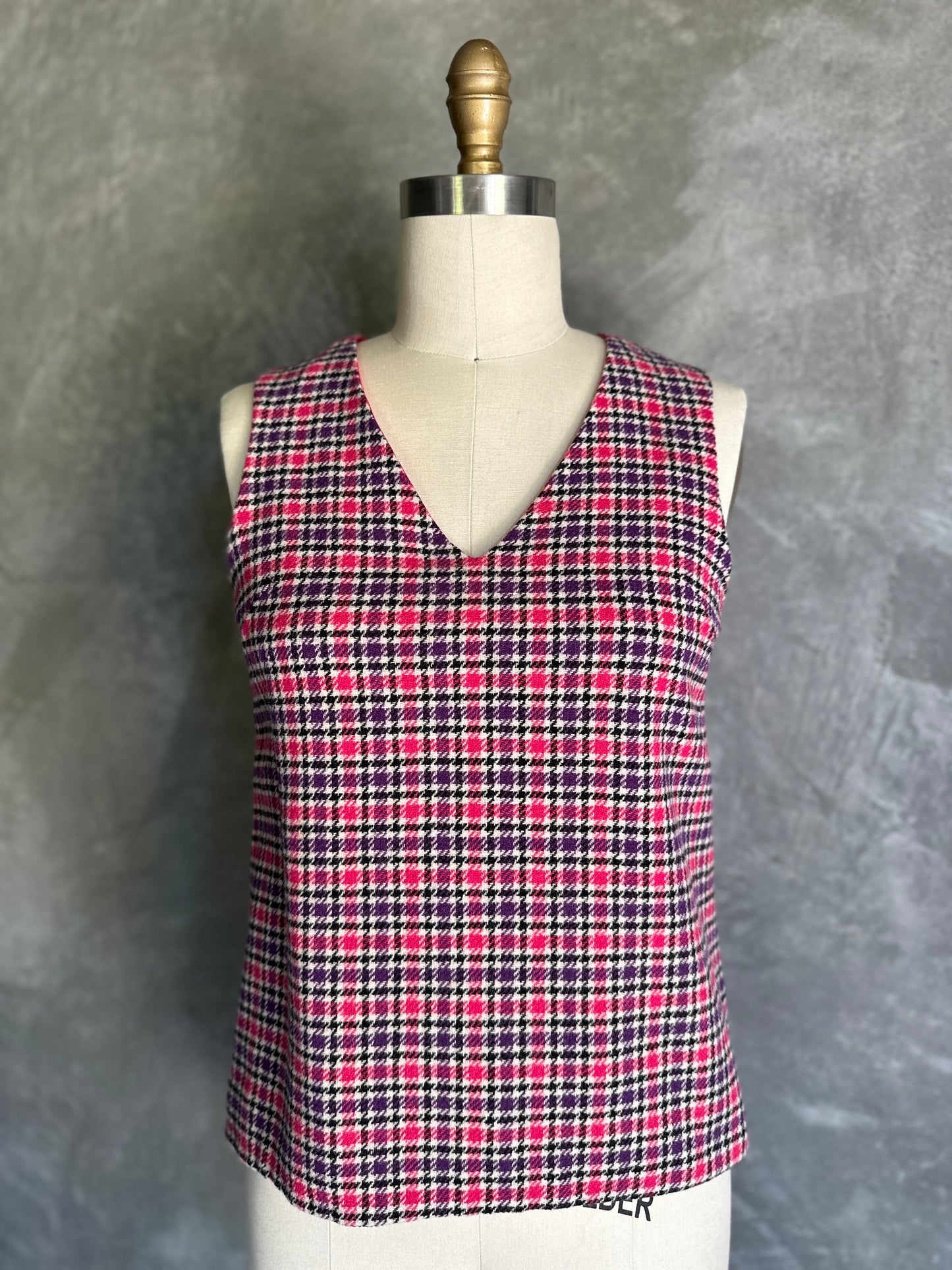 Boxy Purple & Pink Plaid Wool V-Neck