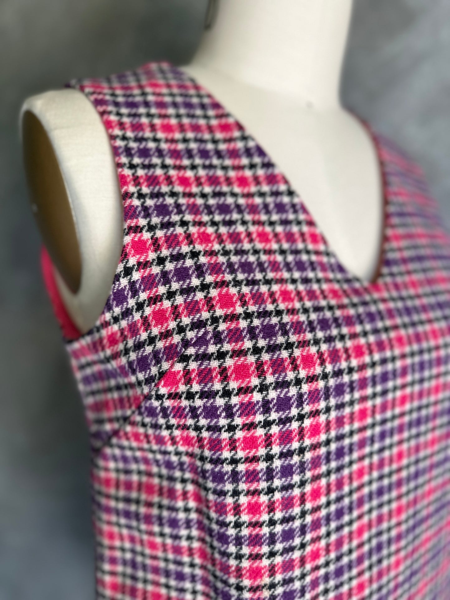 Boxy Purple & Pink Plaid Wool V-Neck