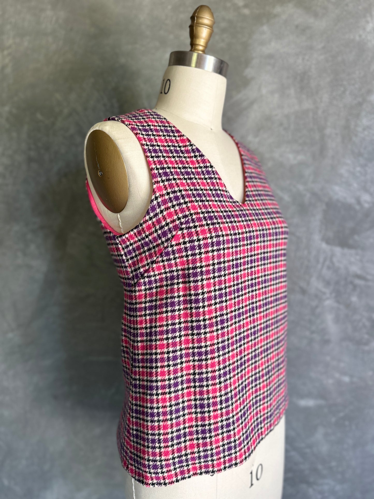 Boxy Purple & Pink Plaid Wool V-Neck