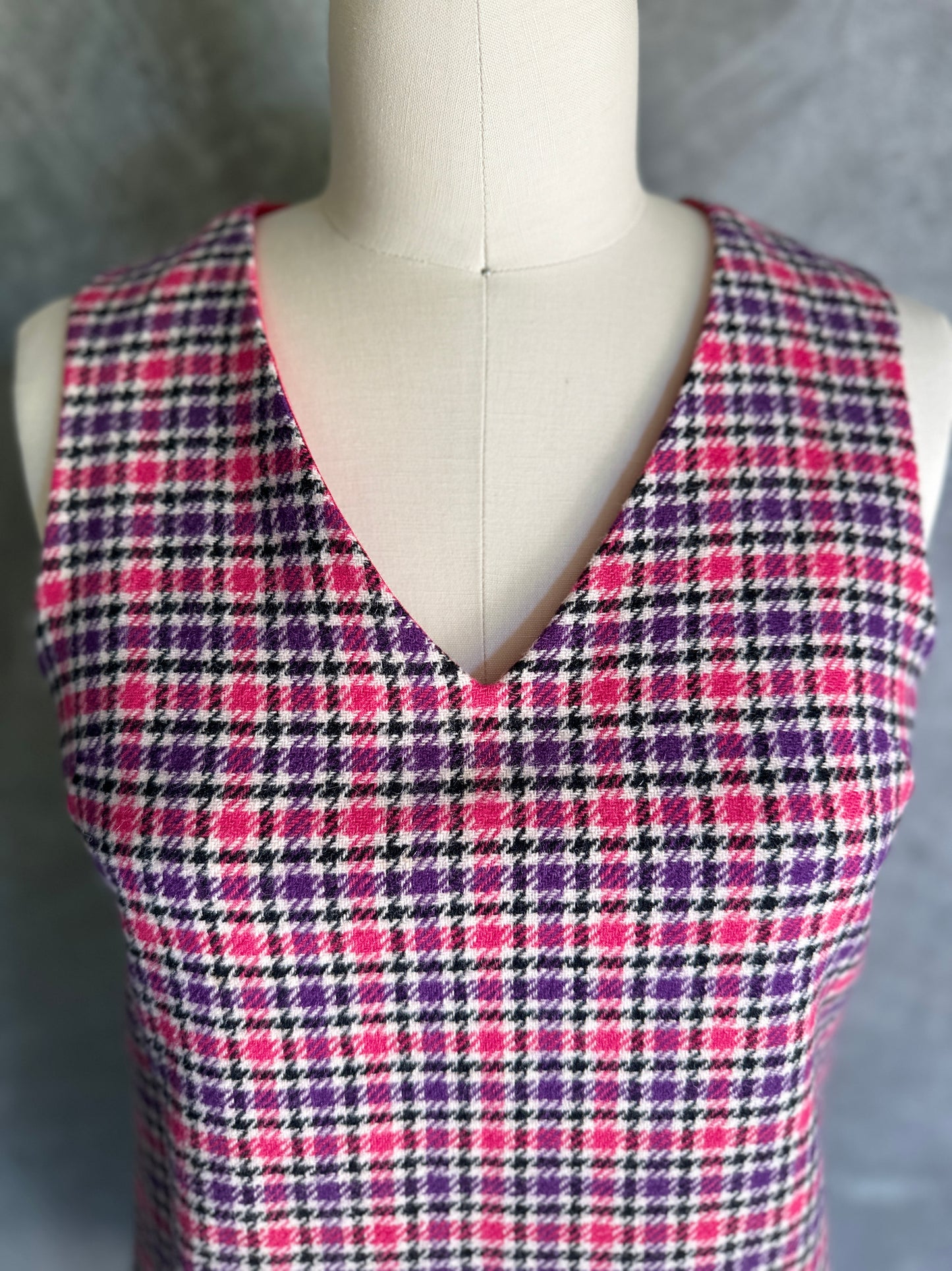 Boxy Purple & Pink Plaid Wool V-Neck