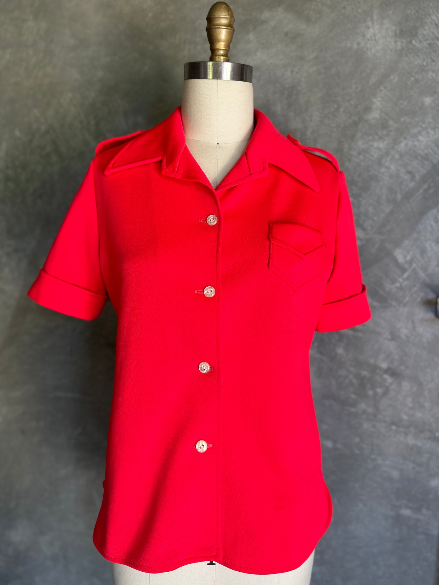 Personal Red Poly Short Sleeve Button Up with Epaulettes