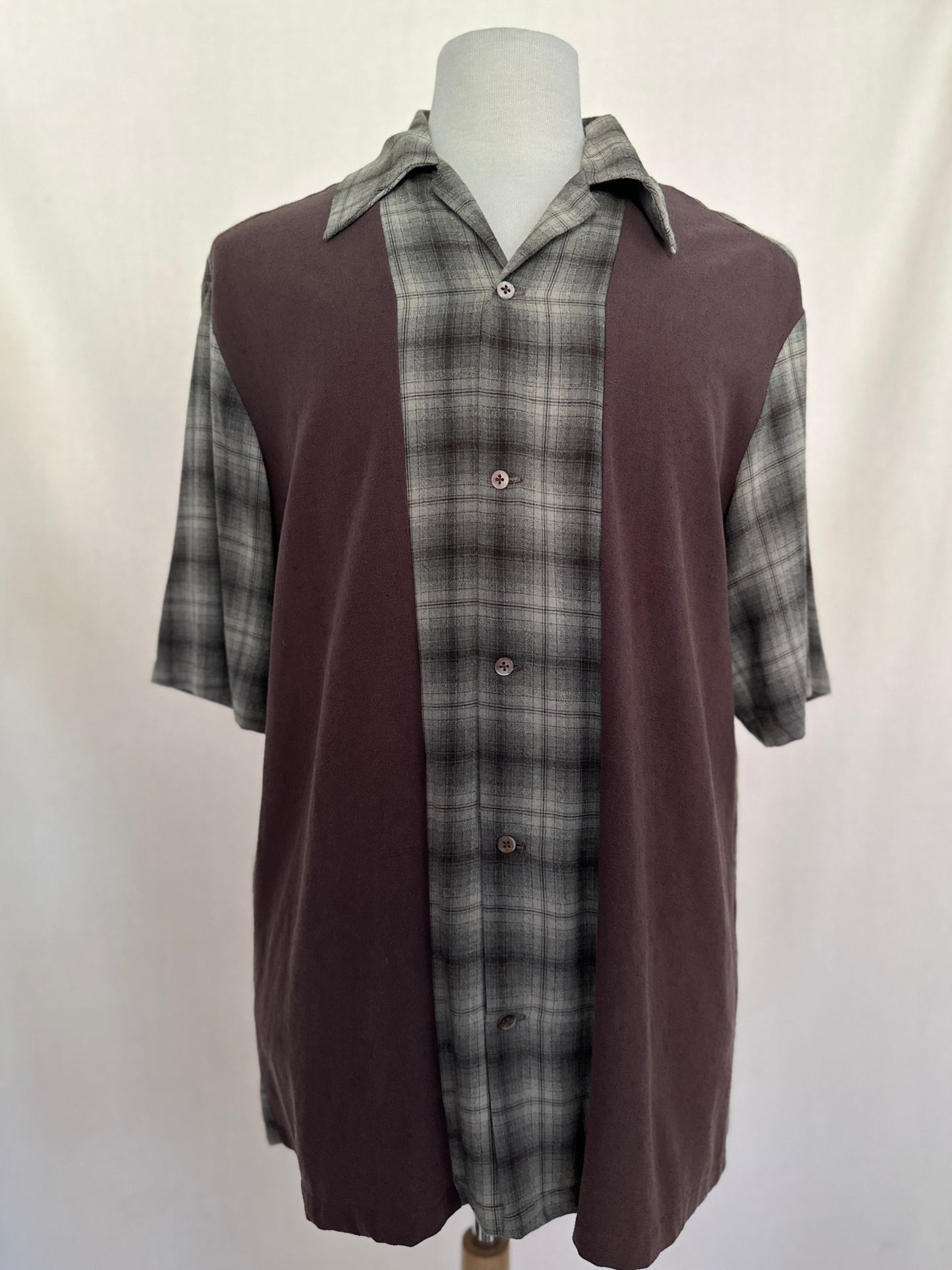 J-Cappuccio Custom Brown and Plaid Linen and Silk Short Sleeve
