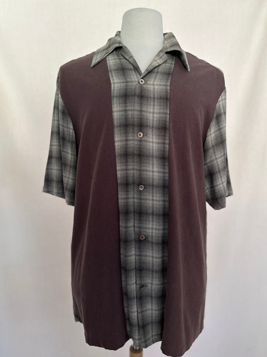 J-Cappuccio Custom Brown and Plaid Linen and Silk Short Sleeve