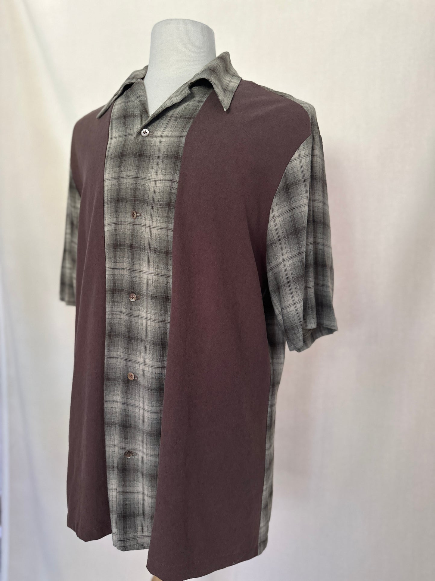 J-Cappuccio Custom Brown and Plaid Linen and Silk Short Sleeve