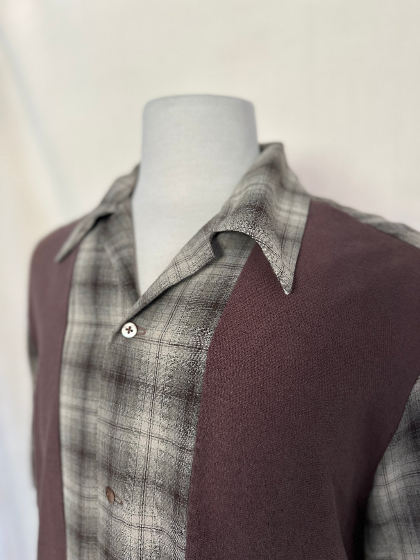 J-Cappuccio Custom Brown and Plaid Linen and Silk Short Sleeve