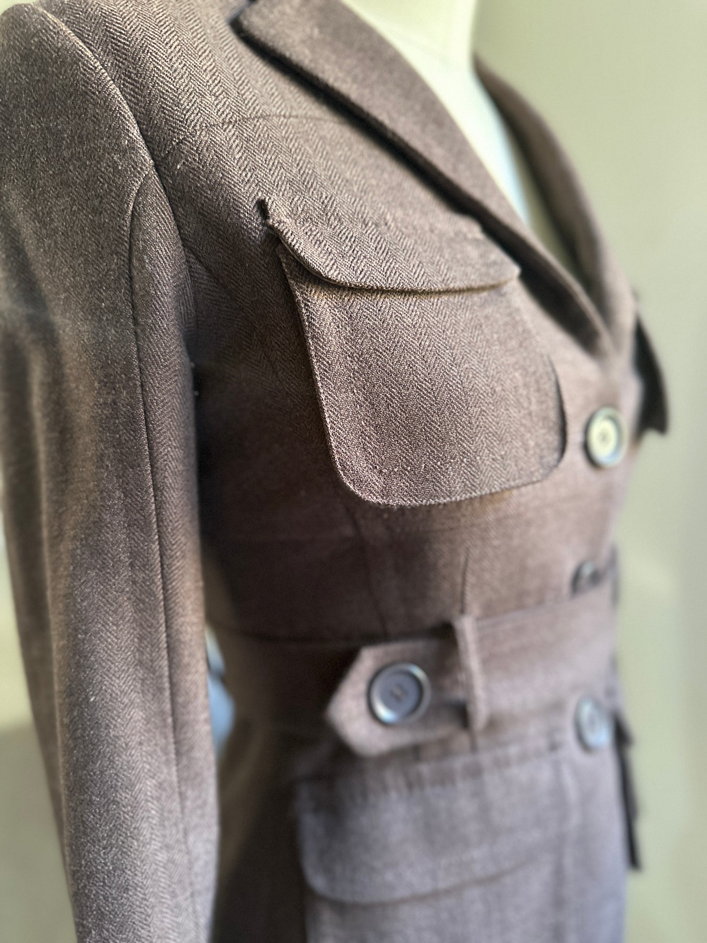 Brown Wool Twill 4-Pocket Button Up Blazer