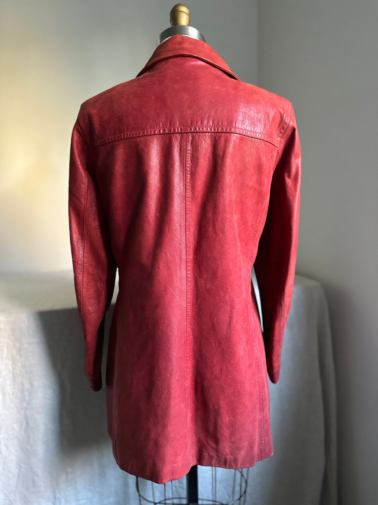 Red Button Up Leather Coat