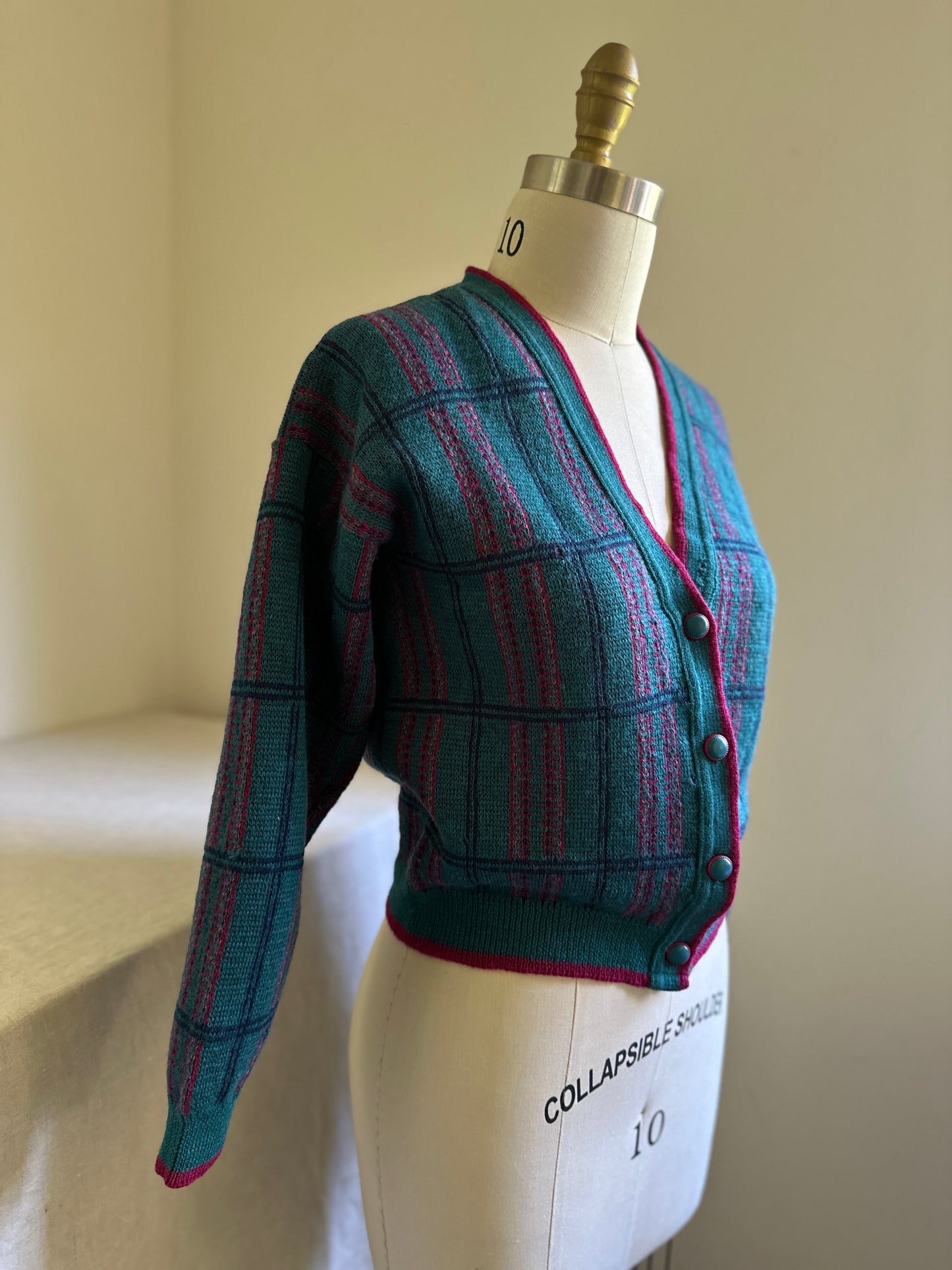 Pendleton Wool Teal-Green & Maroon Plaid Cardigan