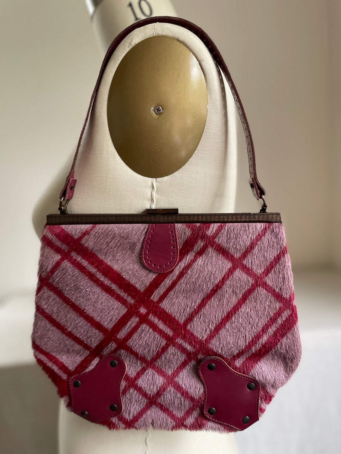 Maroon Leather Hide Plaid Handbag
