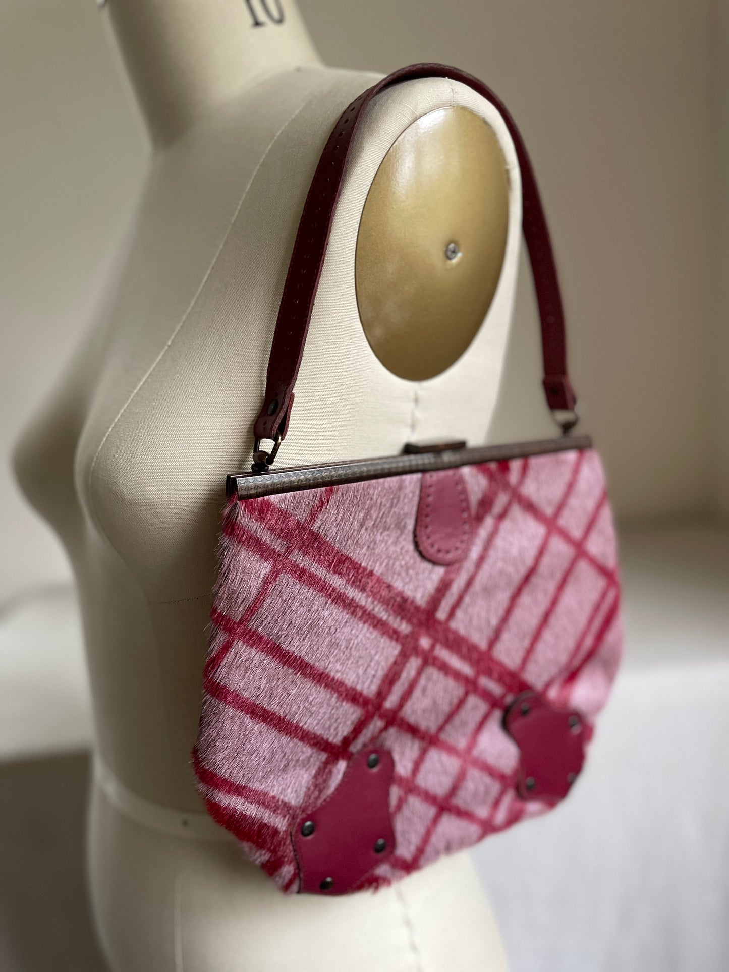Maroon Leather Hide Plaid Handbag