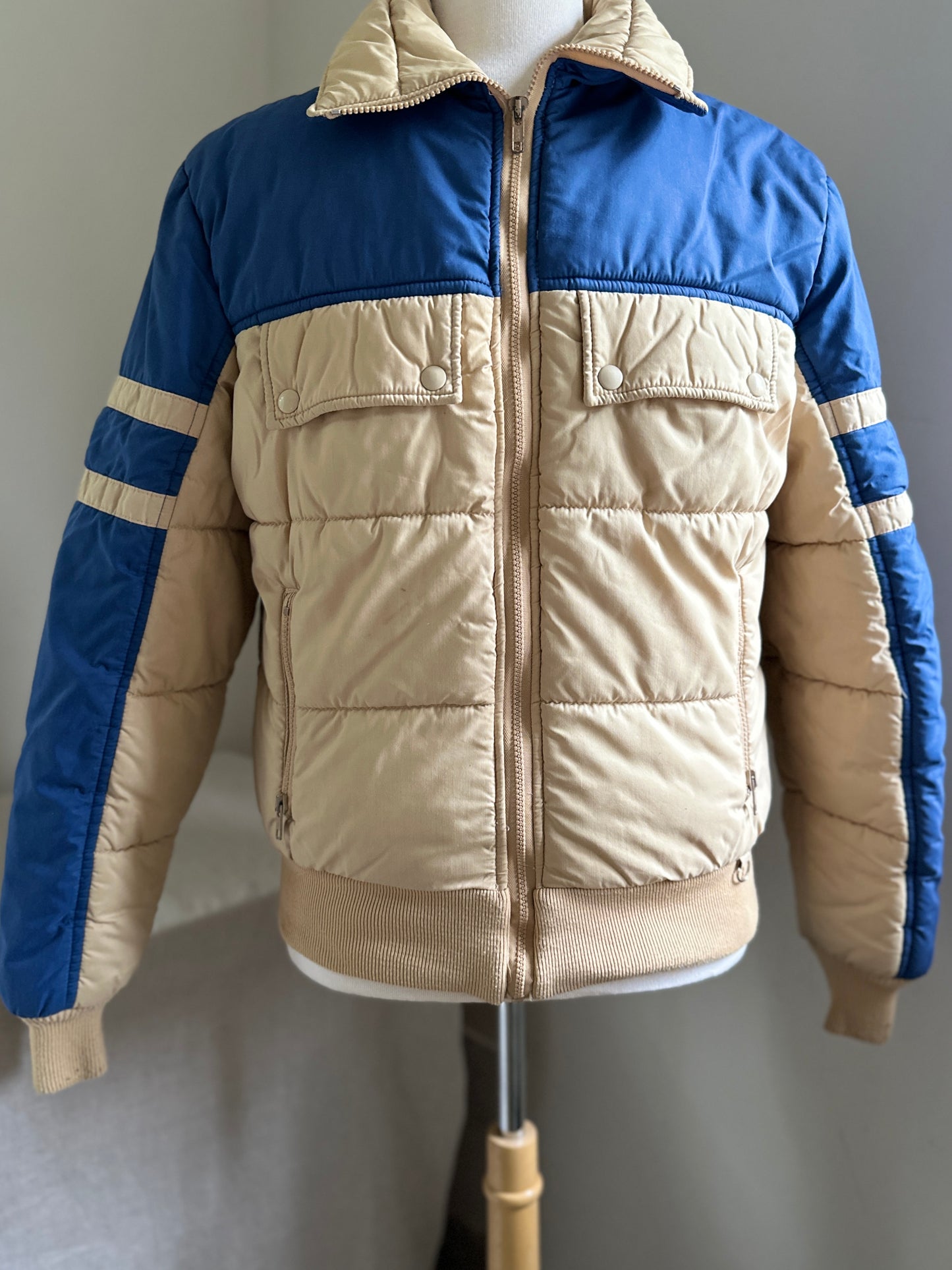Black Bear Beige and Blue Zip Up Puffy Jacket