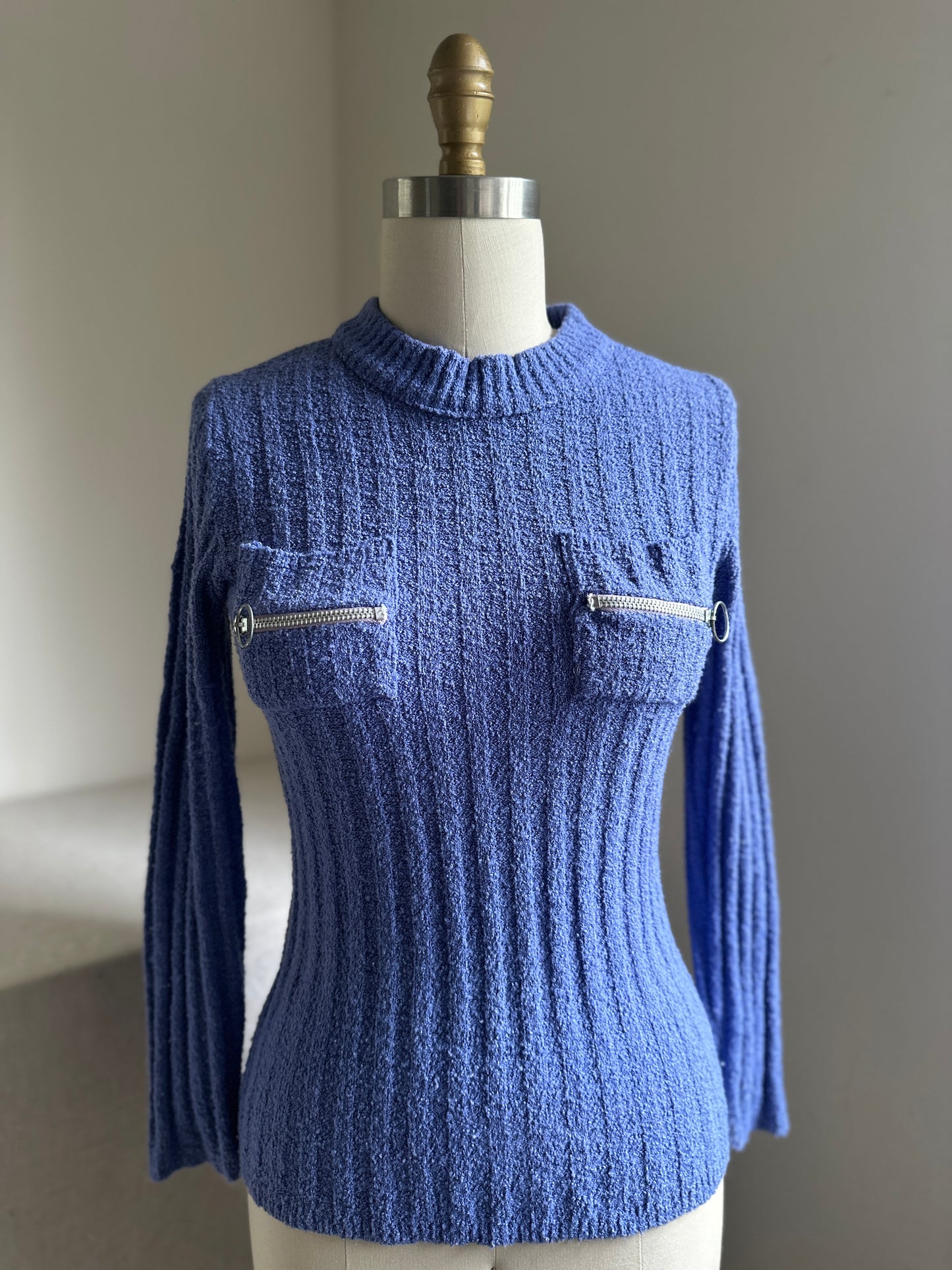 Purple Boucle Crewneck Sweater with Zip Pockets