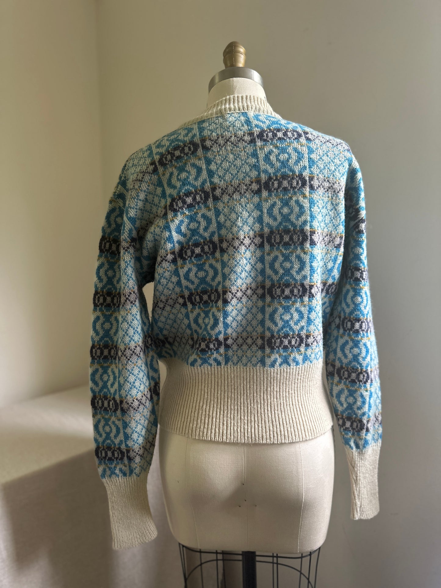Barclay Blue Patterned Wool Cream Neck Sweater