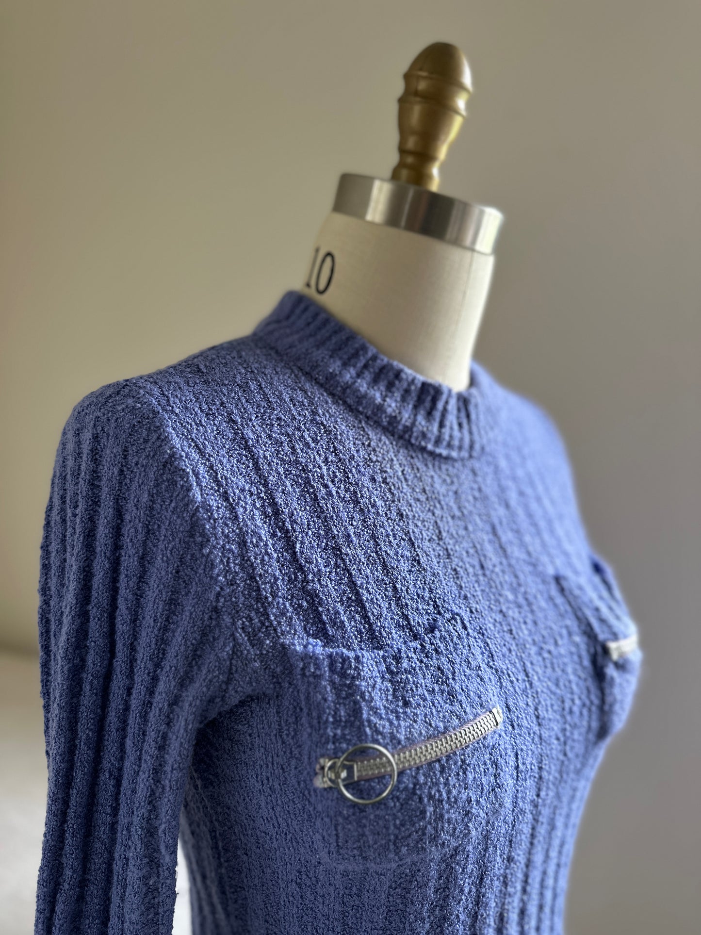 Purple Boucle Crewneck Sweater with Zip Pockets