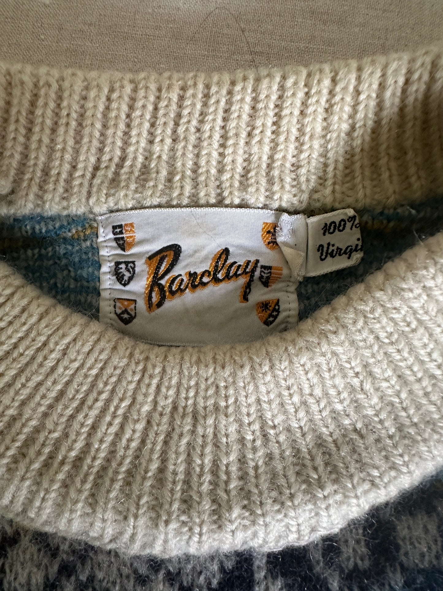 Barclay Blue Patterned Wool Cream Neck Sweater