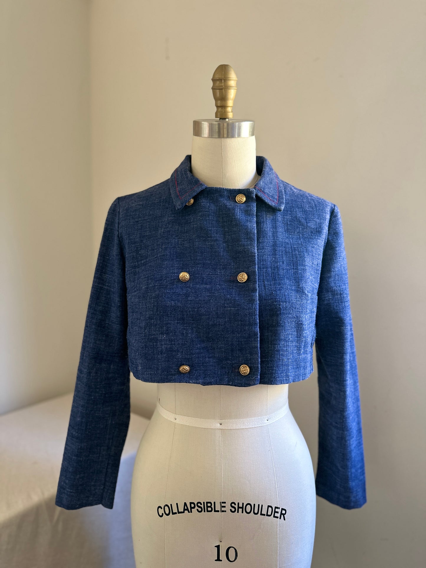 Ardee California Sportswear Blue Linen Cropped Jacket with Brass Buttons