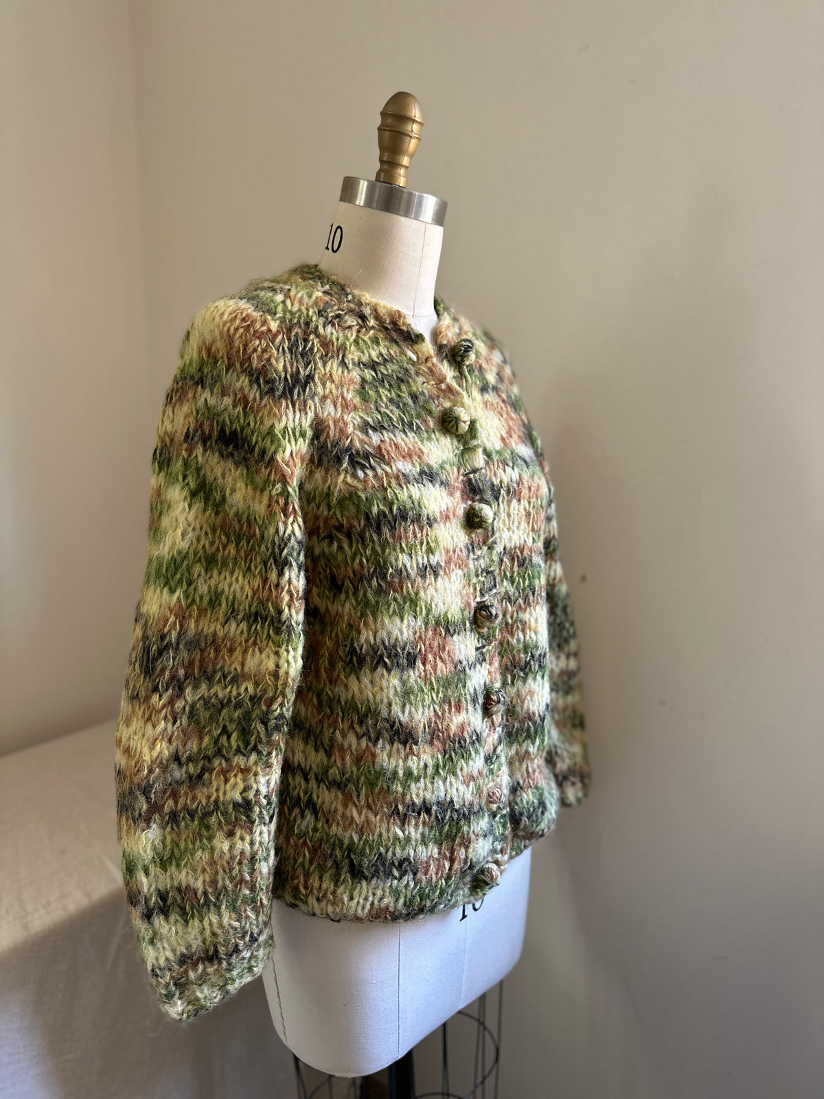 Green Mohair Handknit Button Up Sweater