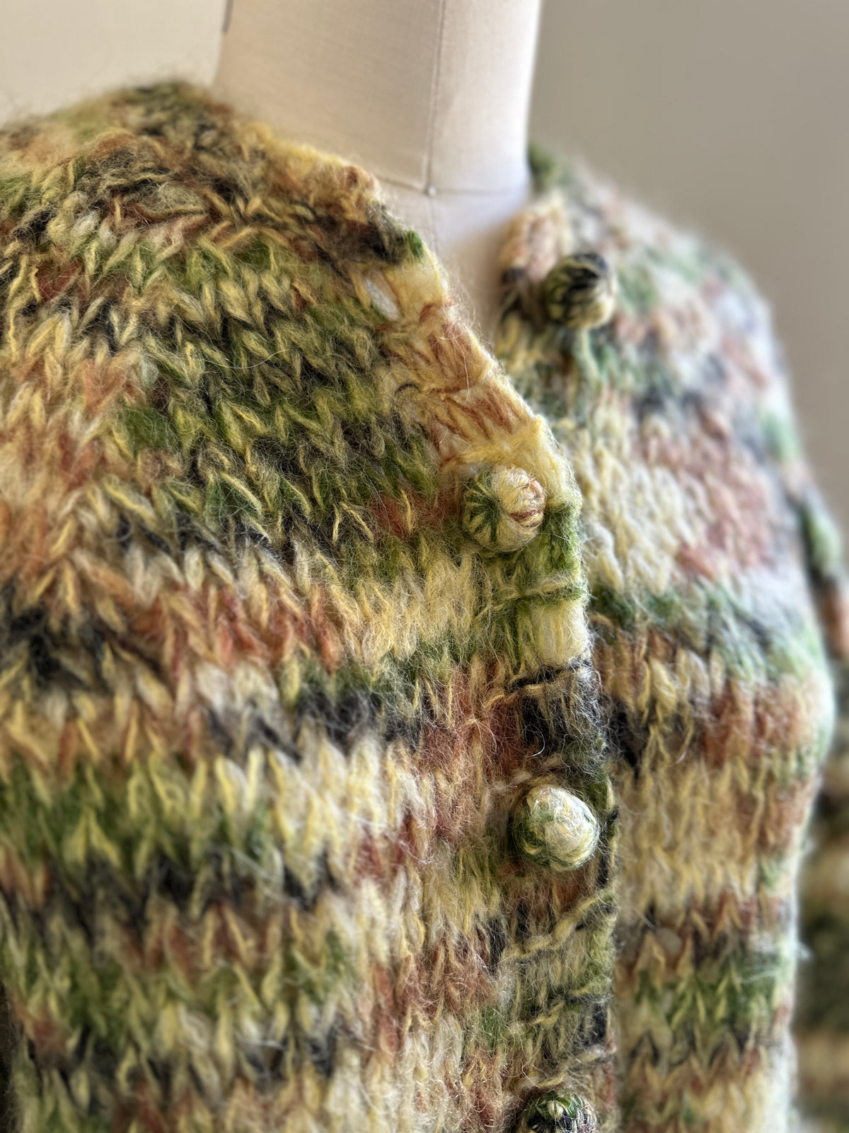 Green Mohair Handknit Button Up Sweater