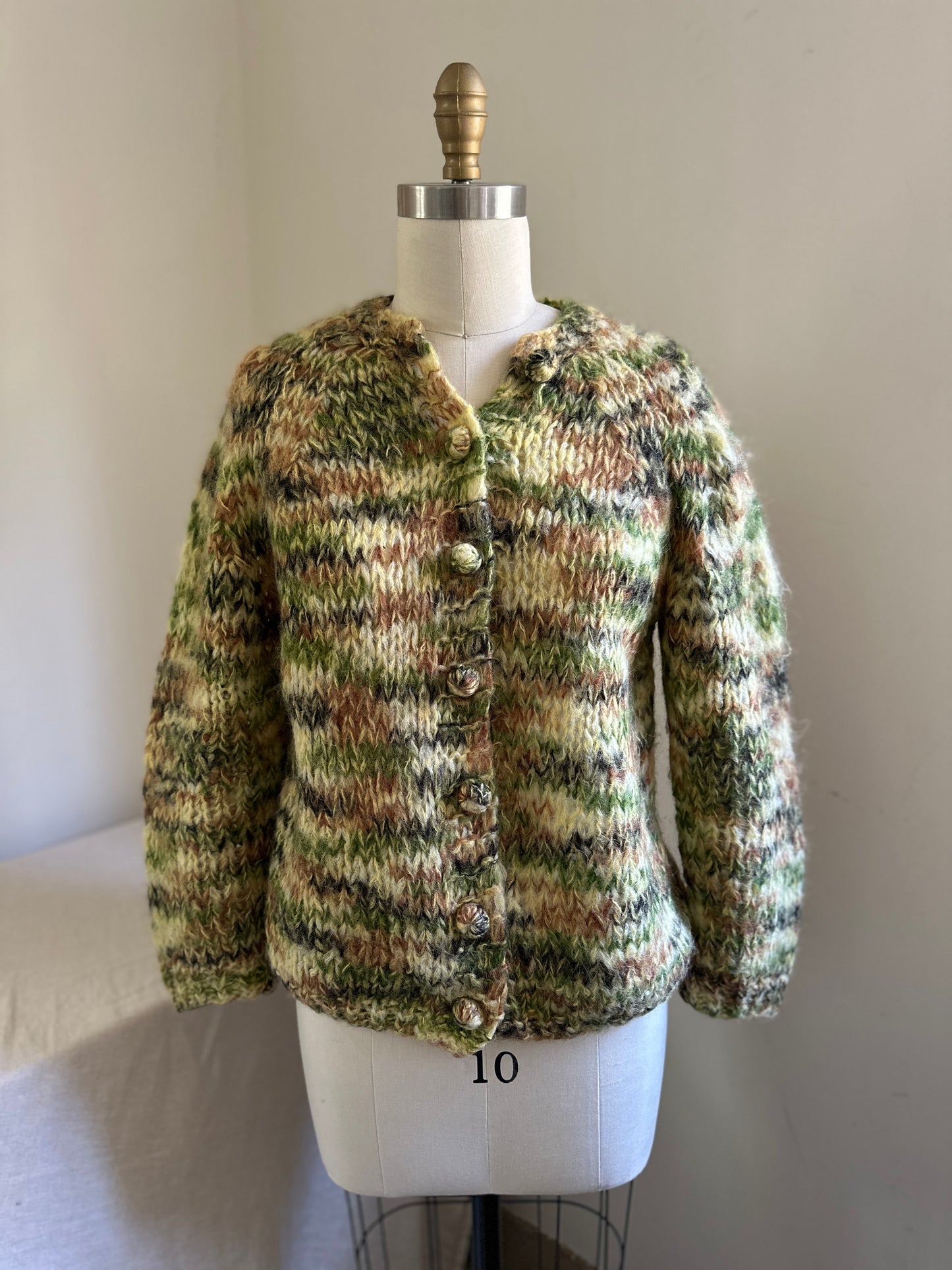 Green Mohair Handknit Button Up Sweater