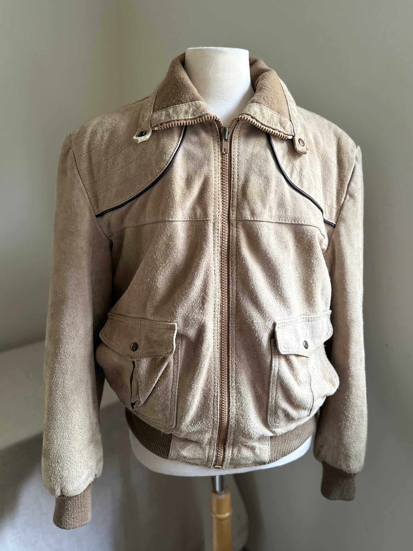 Suede Taupe Leather Zip Up with Knit Collar and Leather Trim