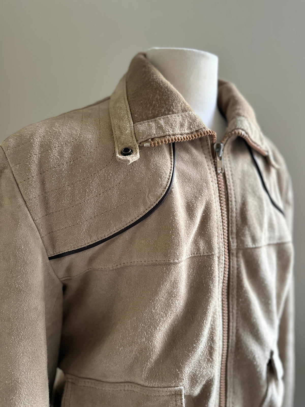 Suede Taupe Leather Zip Up with Knit Collar and Leather Trim