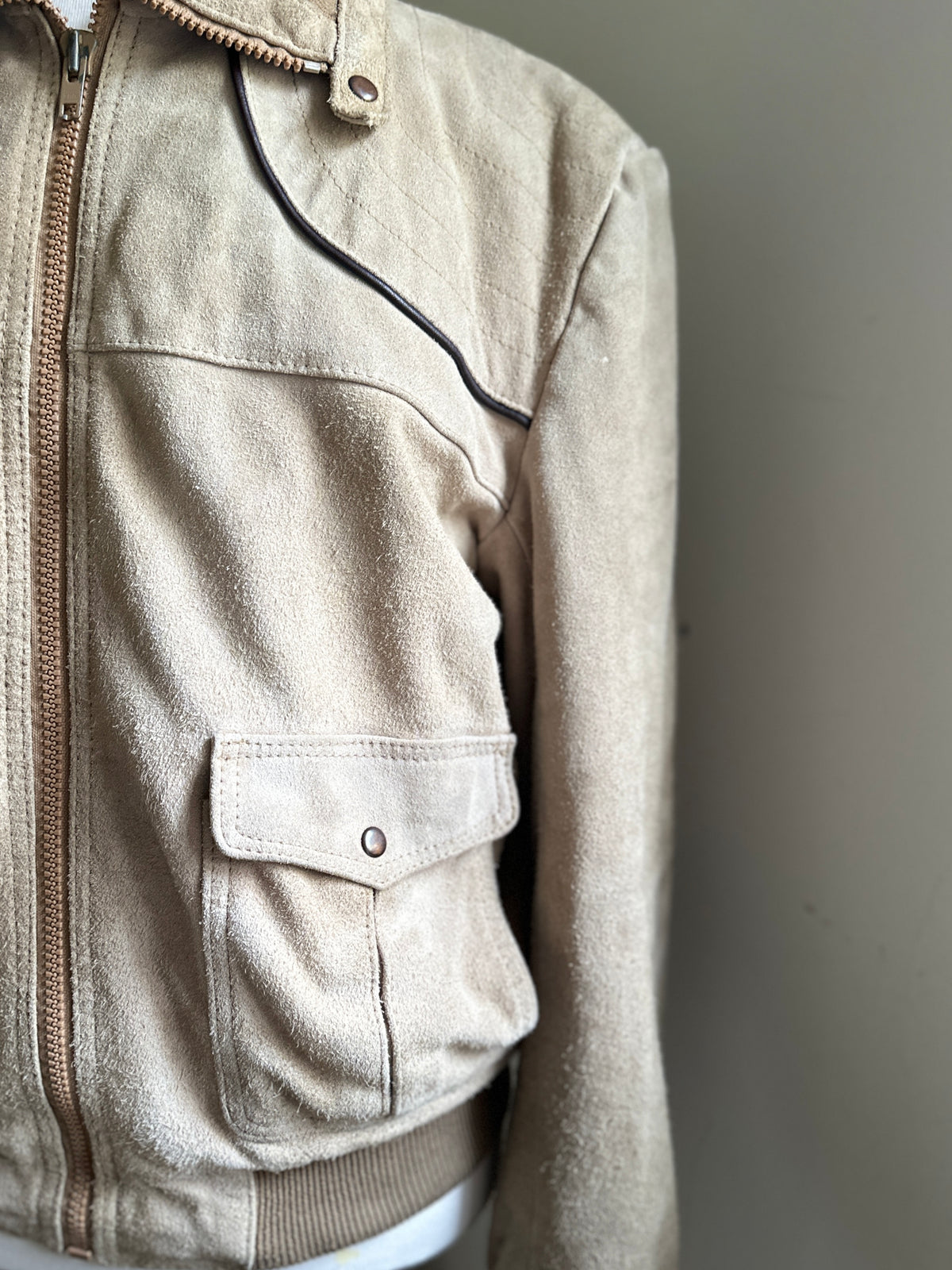 Suede Taupe Leather Zip Up with Knit Collar and Leather Trim