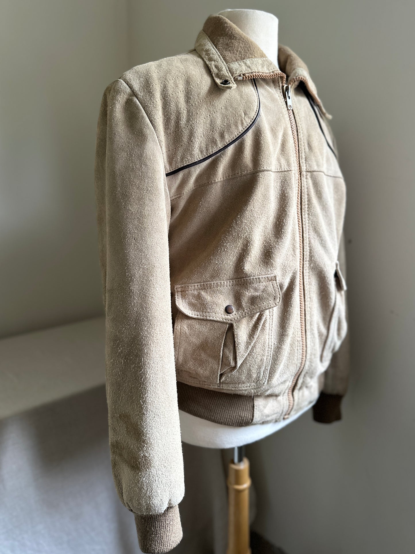 Suede Taupe Leather Zip Up with Knit Collar and Leather Trim