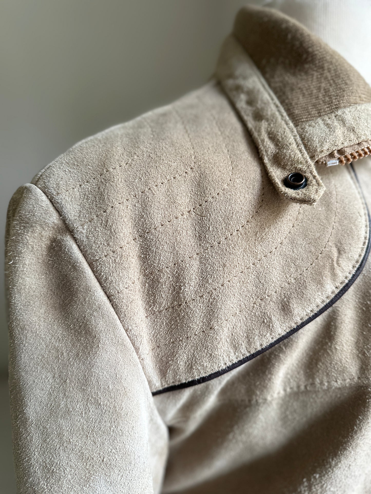 Suede Taupe Leather Zip Up with Knit Collar and Leather Trim