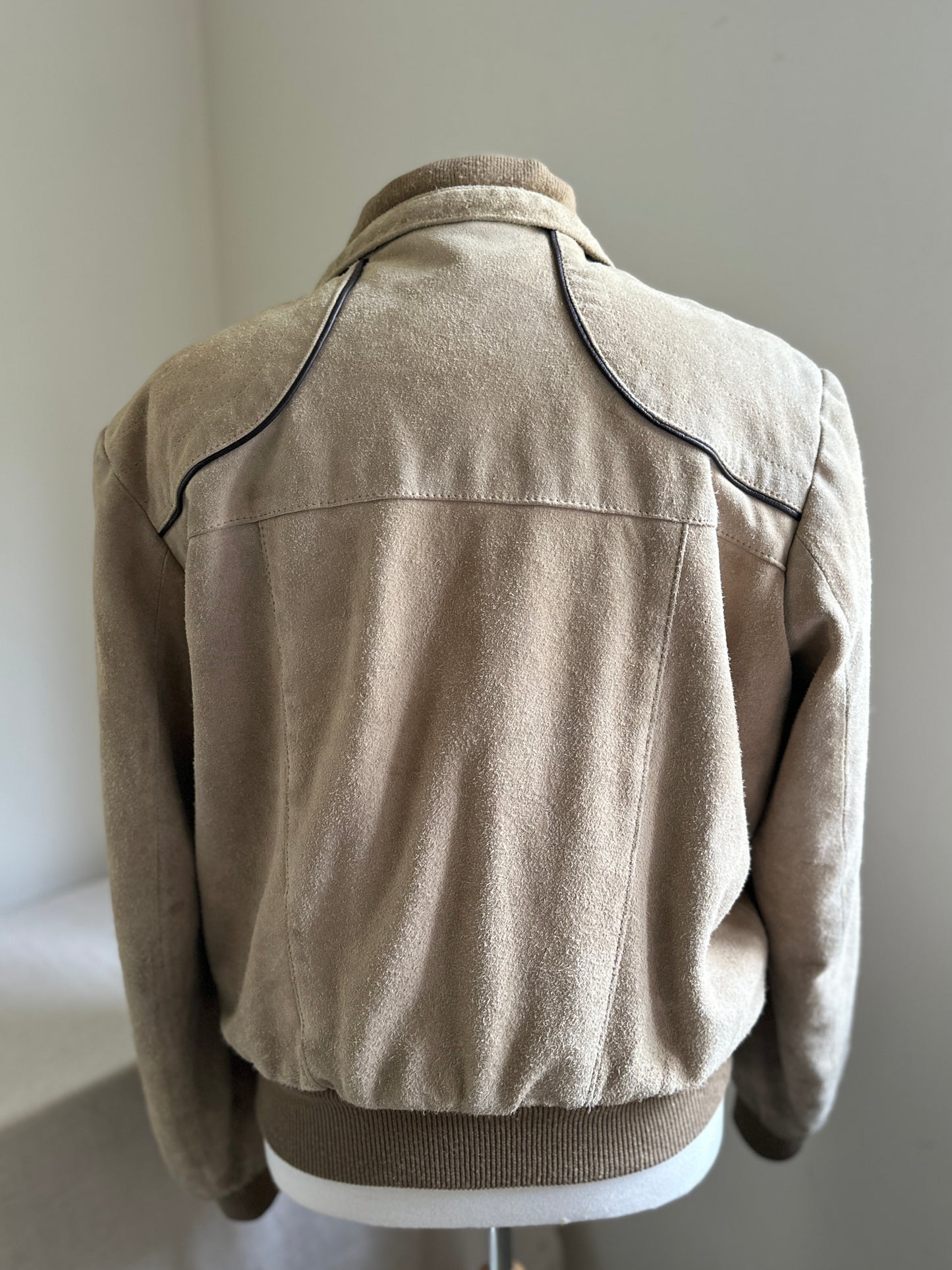 Suede Taupe Leather Zip Up with Knit Collar and Leather Trim