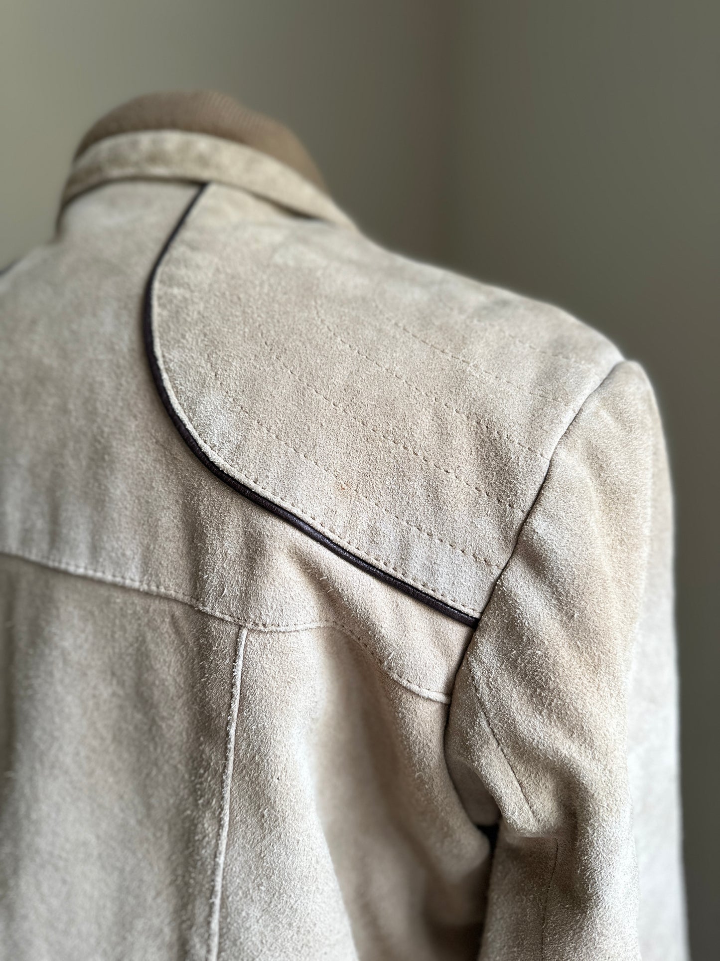 Suede Taupe Leather Zip Up with Knit Collar and Leather Trim