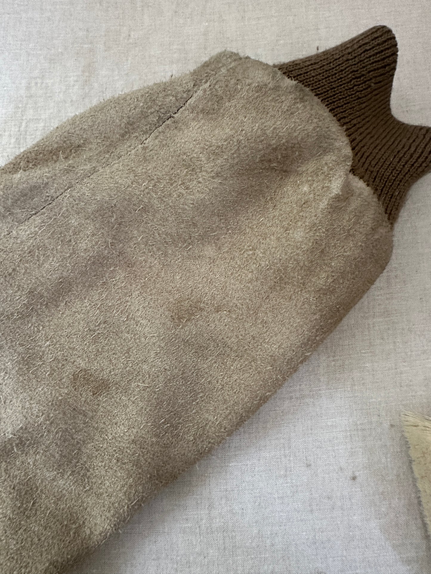Suede Taupe Leather Zip Up with Knit Collar and Leather Trim