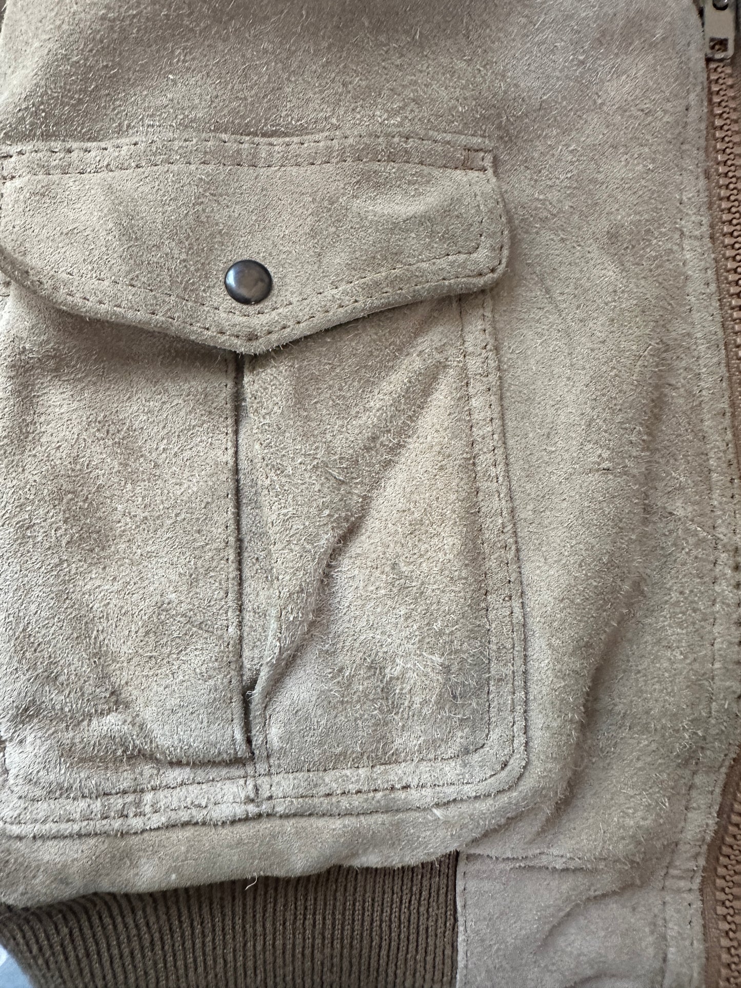 Suede Taupe Leather Zip Up with Knit Collar and Leather Trim