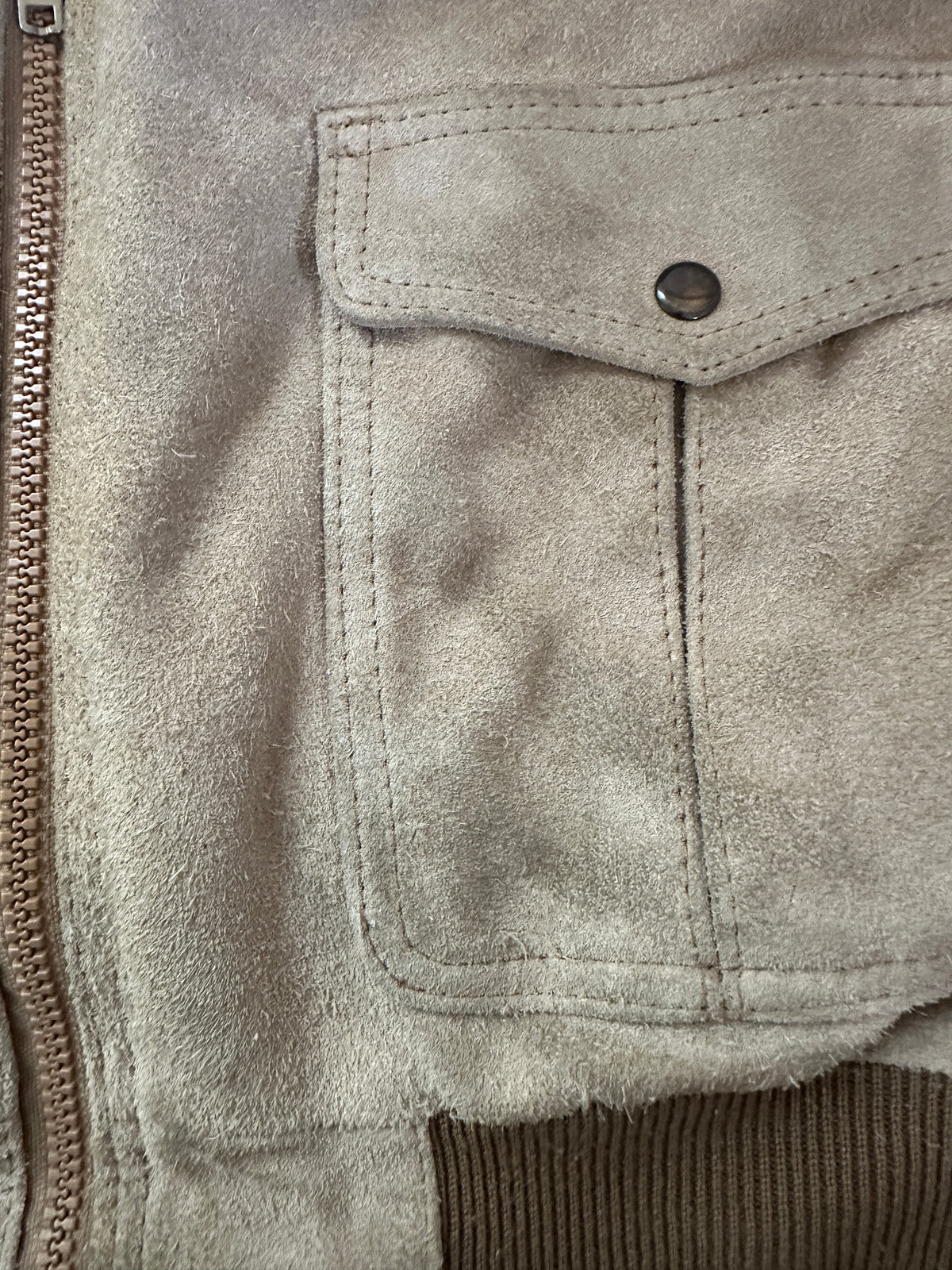 Suede Taupe Leather Zip Up with Knit Collar and Leather Trim