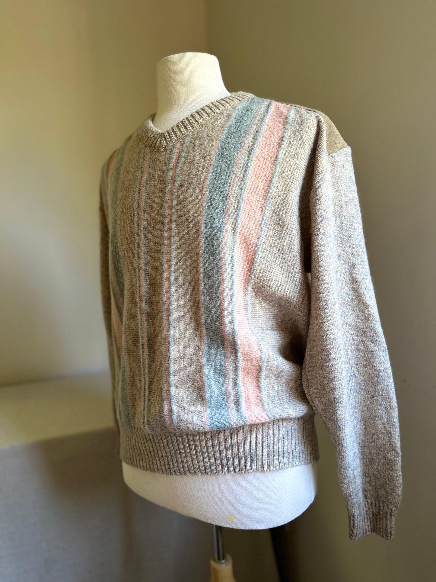 Glen Husky Cream and Pastel Wool with Leather Trim and Patch Sweater