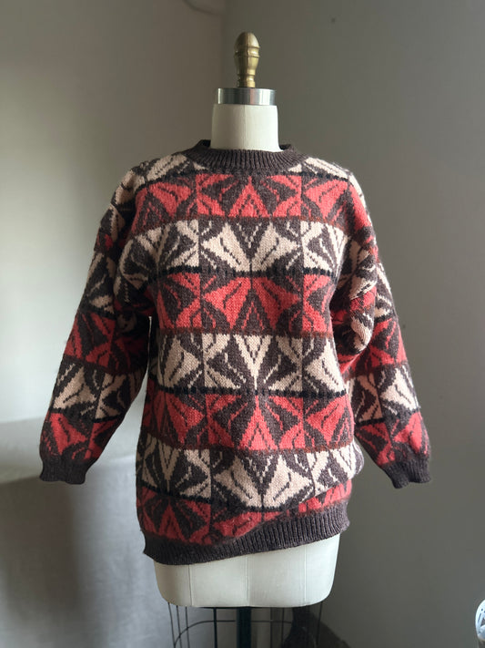 Bennetton Orange and Brown Geometric Wool Sweater