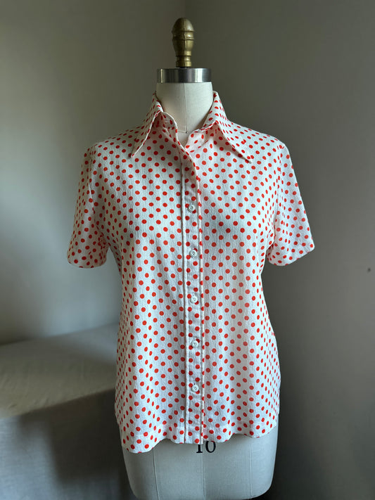 Jantzen White and Orange Polka Dot Short Sleeve Button Up Blouse