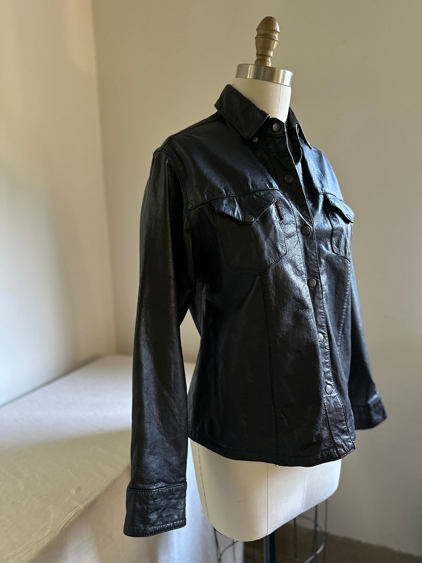 Hot Leathers Black Snap Up Leather Shirt jacket