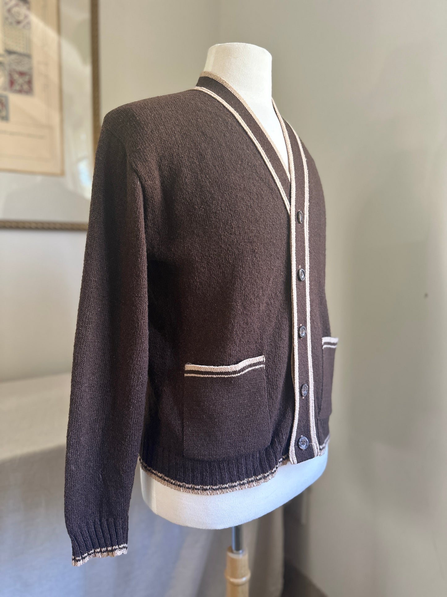 Grand Slam Limited by Munsingwear Wool Blend Brown with White Trim Cardigan