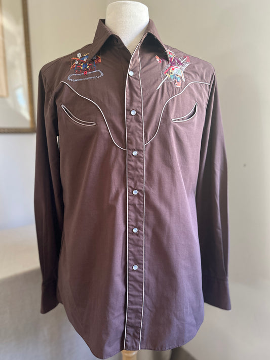 Kennington Rocking Rancher Brown Western Pearl Snap Up Embroidered Dress Shirt