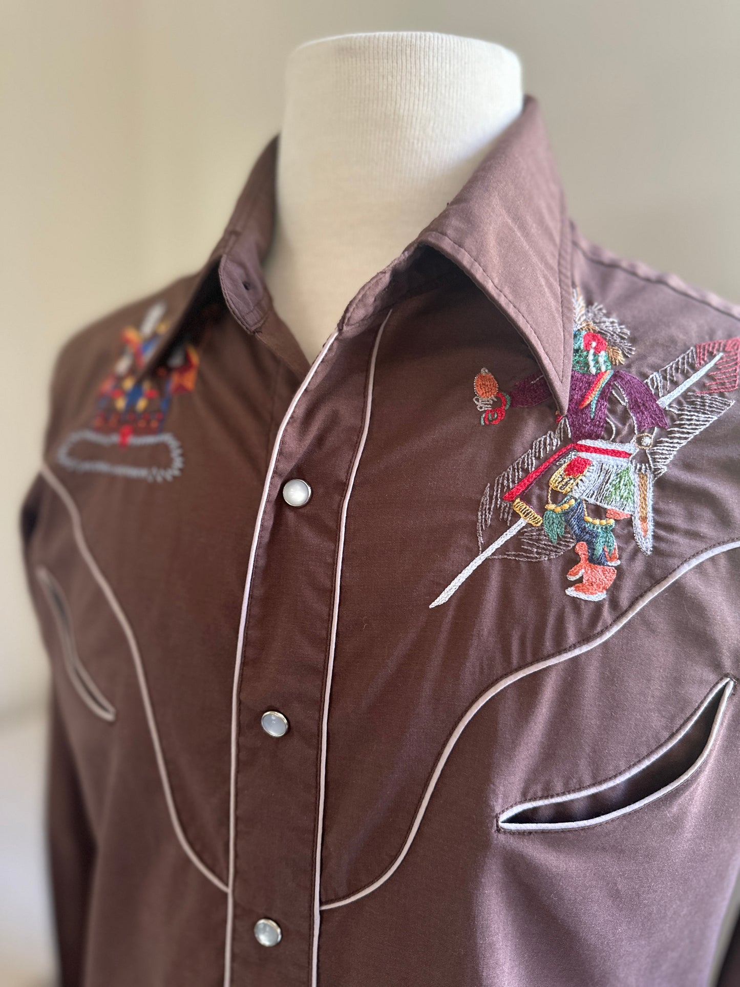 Kennington Rocking Rancher Brown Western Pearl Snap Up Embroidered Dress Shirt