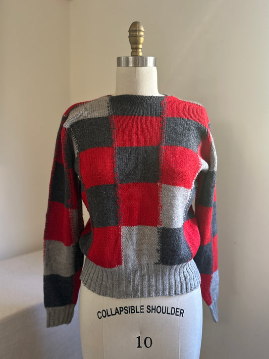 Pendleton Red and Grey Checkered Boatneck Wool Sweater