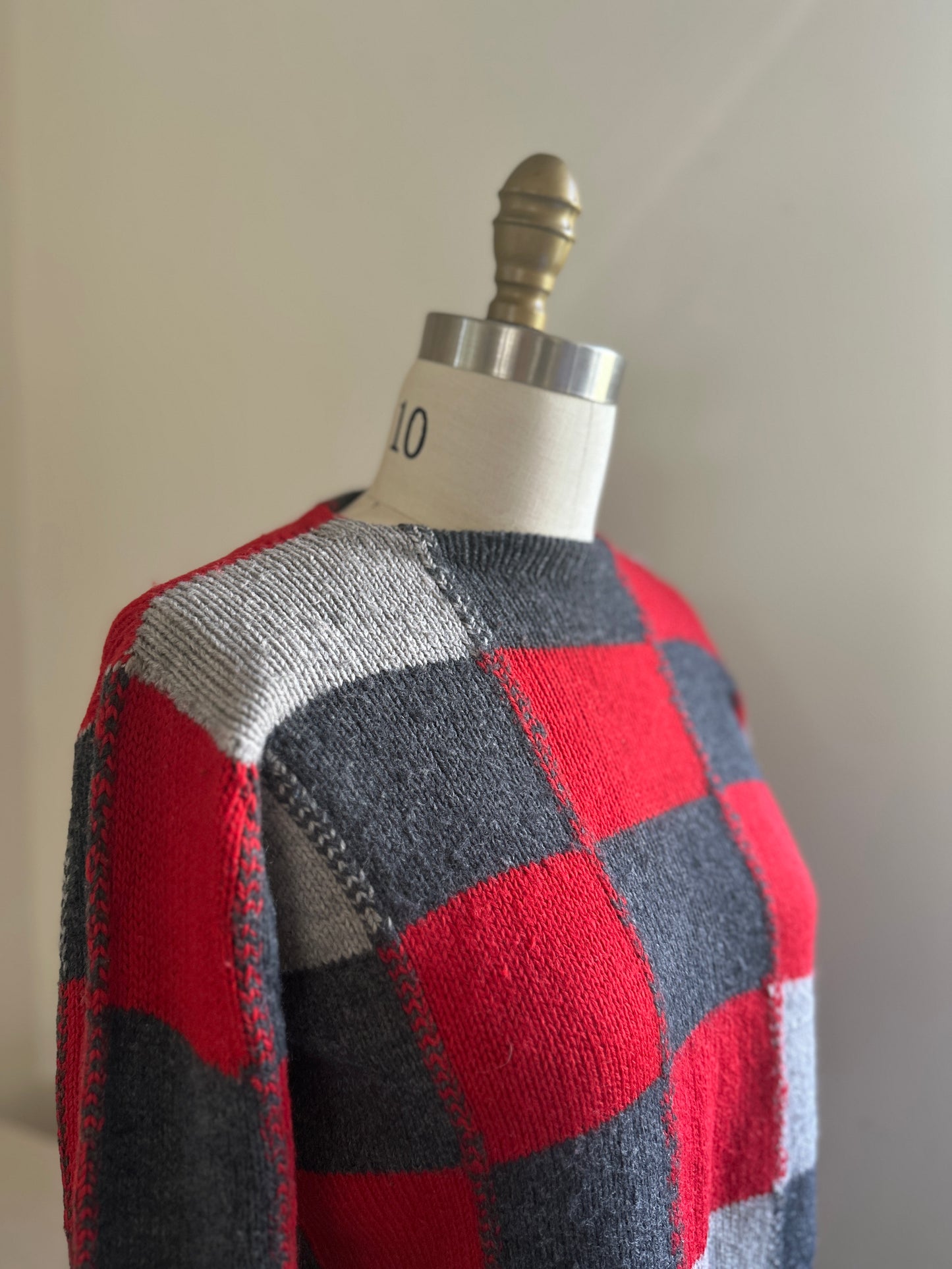 Pendleton Red and Grey Checkered Boatneck Wool Sweater
